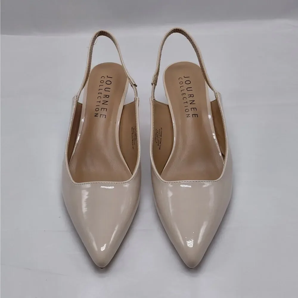 Journee Collection Womens Slingback Pumps Size 6.5 Wide Nude Patent Kitten Heels
